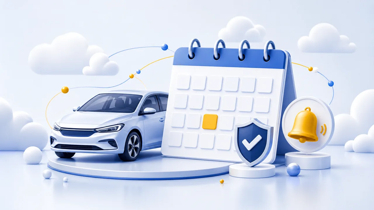 A vehicle beside a calendar, verified status shield and reminder notification